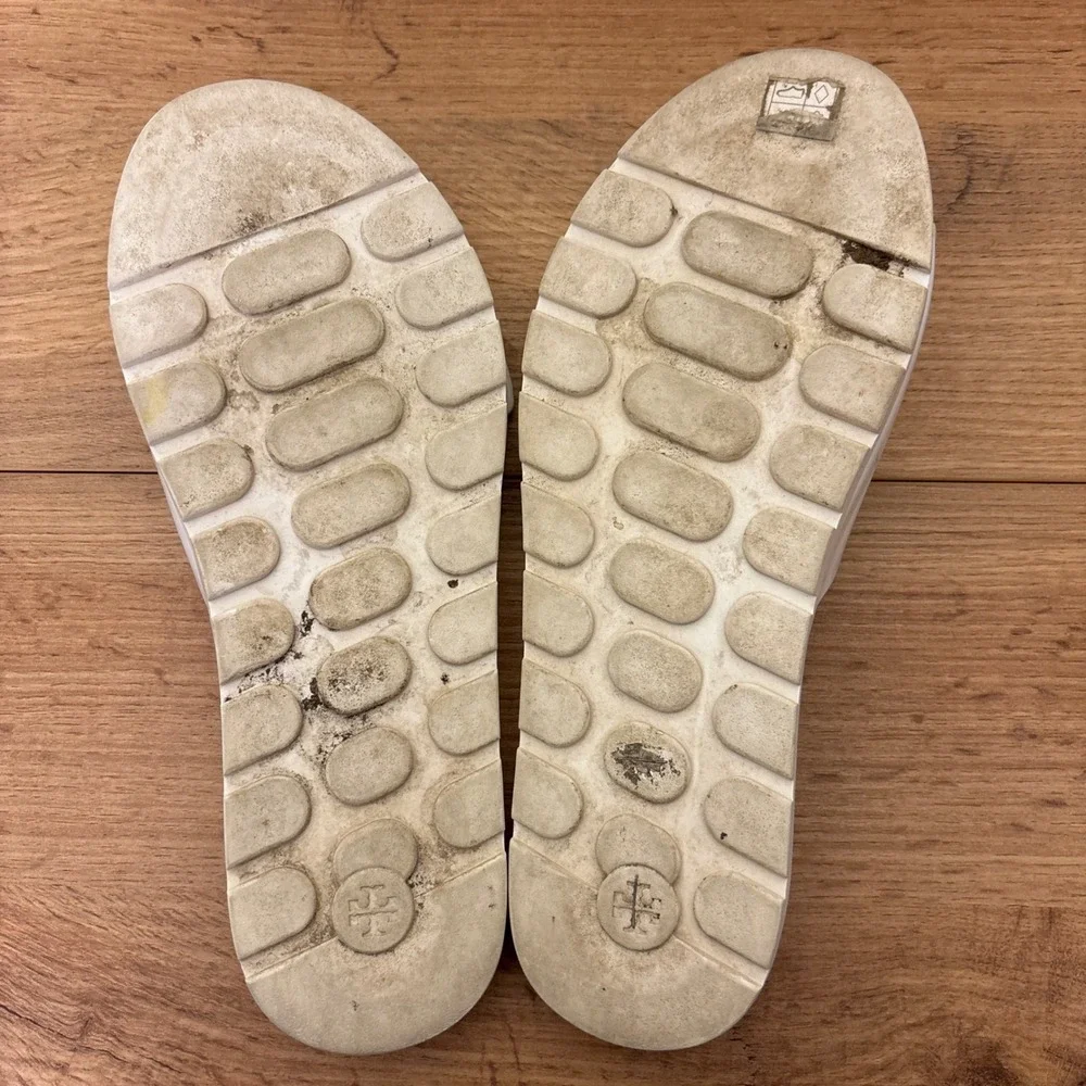 TORY BURCH Mellow Slide Sandals White Gold Metal Buckle Women Size 8 Flat Casual